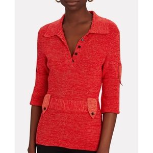 Victoria Beckham | Utilitarian Rib Knit Polo Top in Red Mouline Size XL